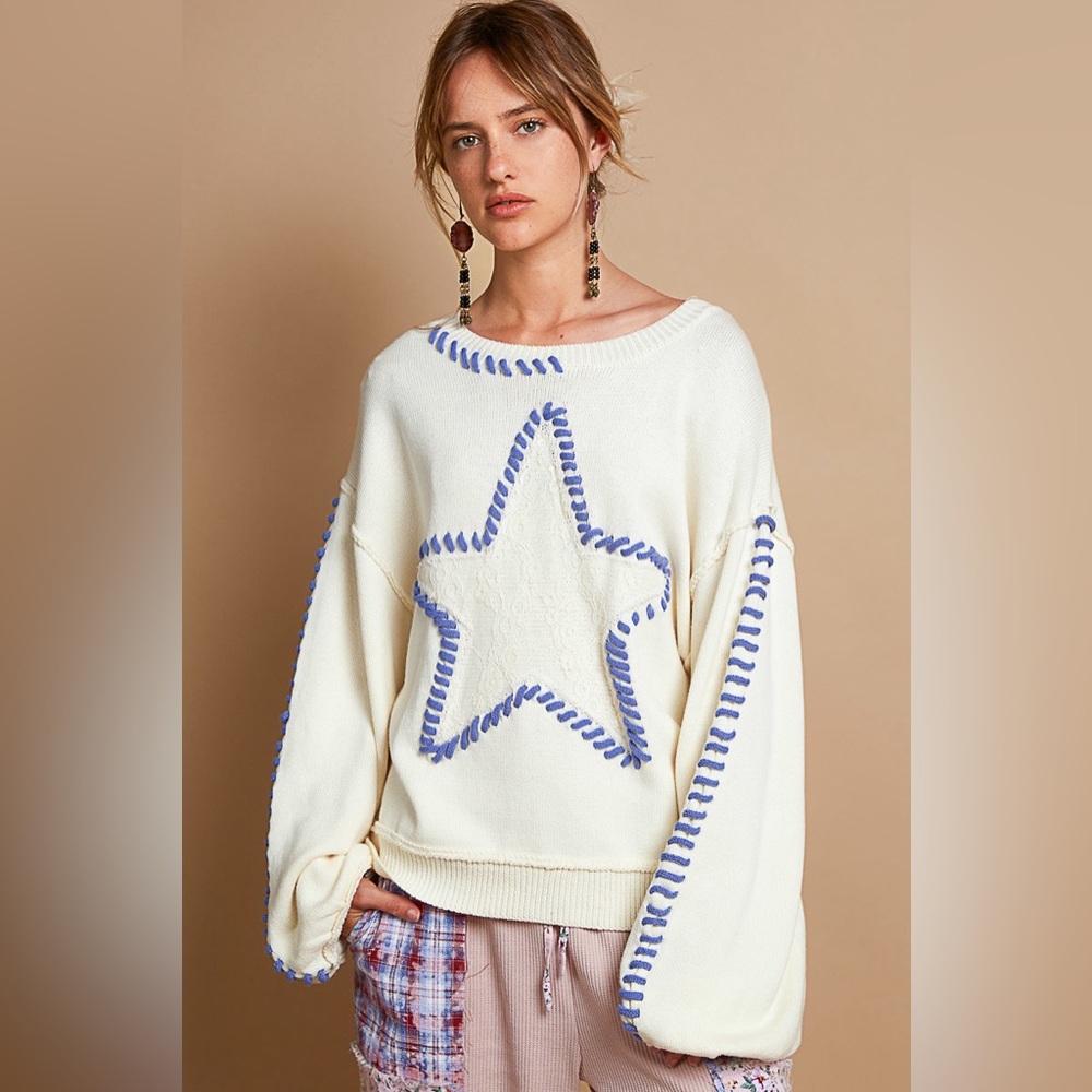 POL Cream and Blue Crew Neck Sweater with Star Design